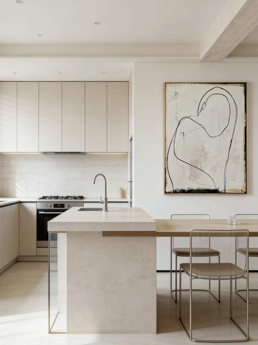 minimalist abstraction painting – fluid charcoal lines on textured beige background, body-positive wall art