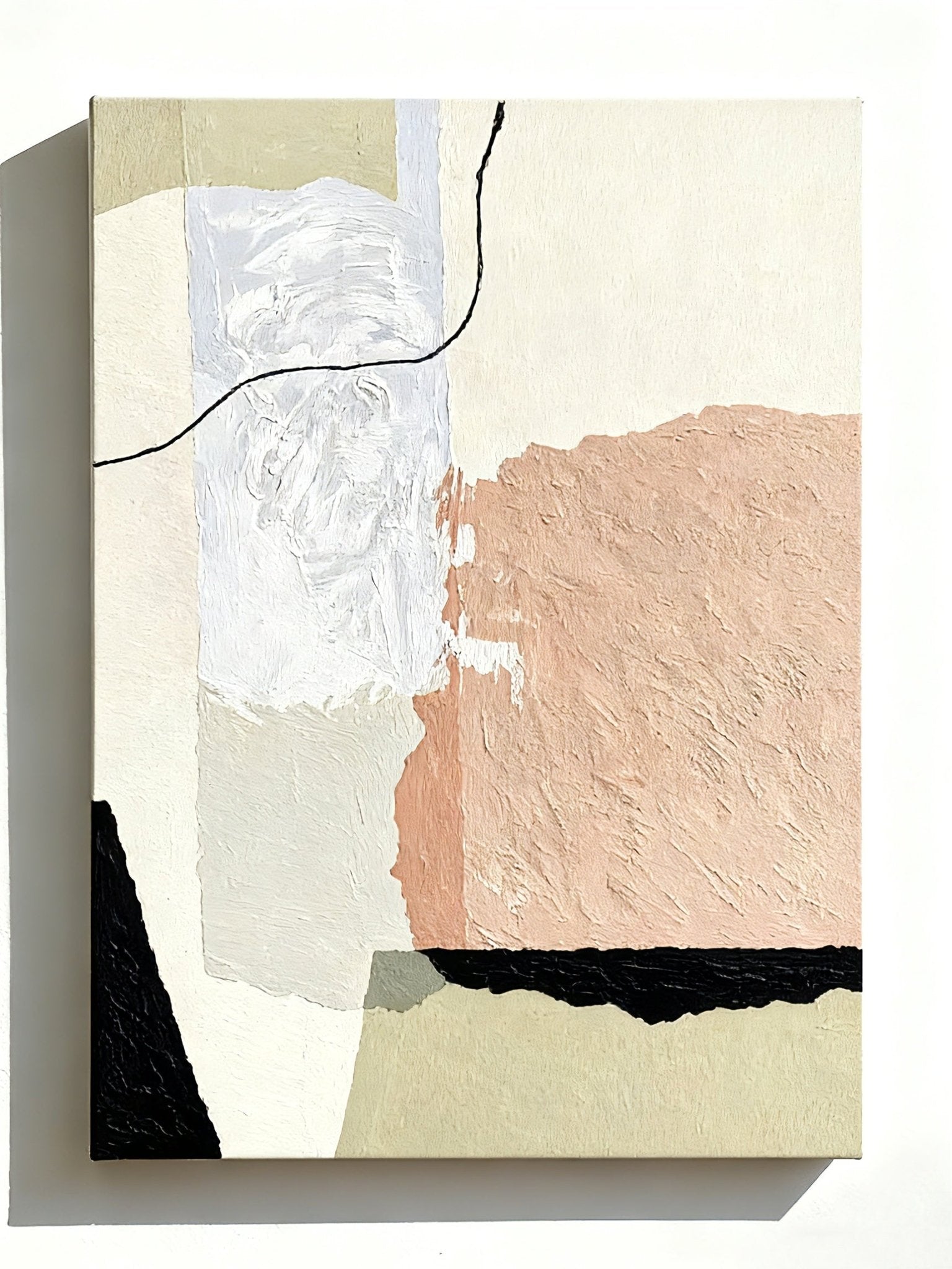 minimalist abstract painting with irregular geometric shapes on solid color background, hand-painted textured canvas artwork