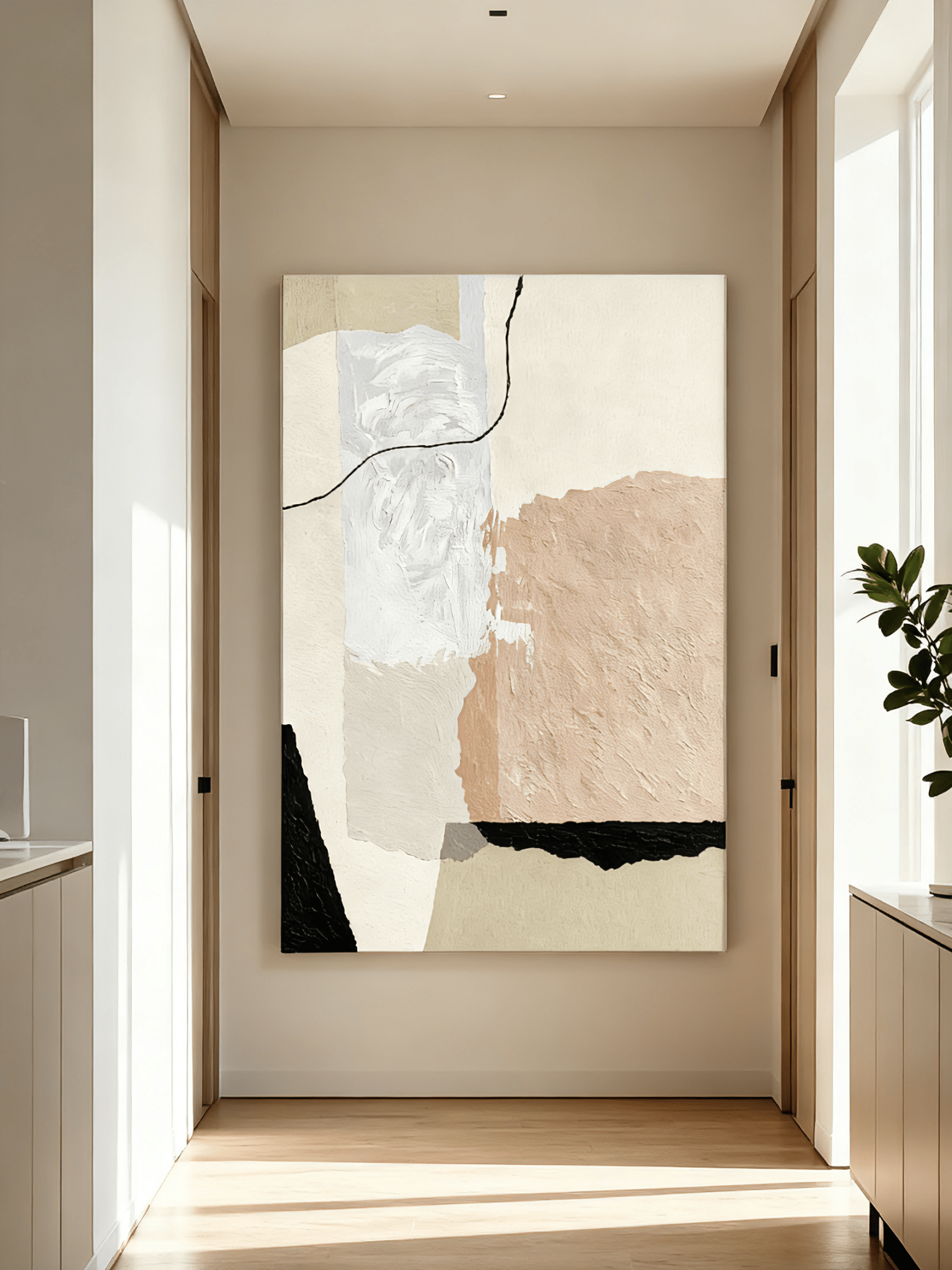 Contemporary living room wall decor featuring abstract painting with irregular shapes composition in modern interior setting