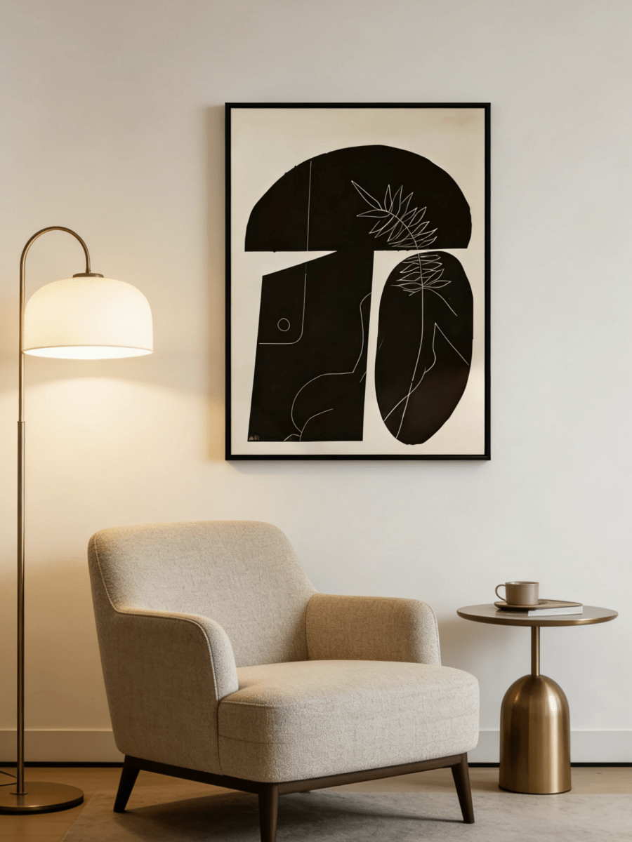 Large vertical hand-painted abstract painting with black silhouettes and white botanical lines on an ivory canvas.