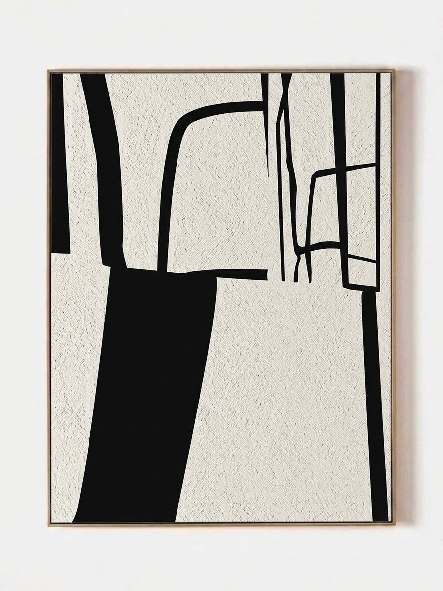 Large vertical hand-painted abstract geometric oil painting featuring bold black blocks and heavy white texture on canvas