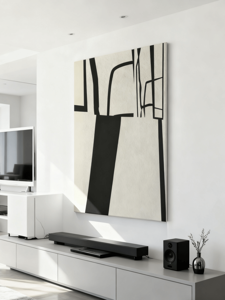 Large vertical hand-painted abstract geometric oil painting featuring bold black blocks and heavy white texture on canvas