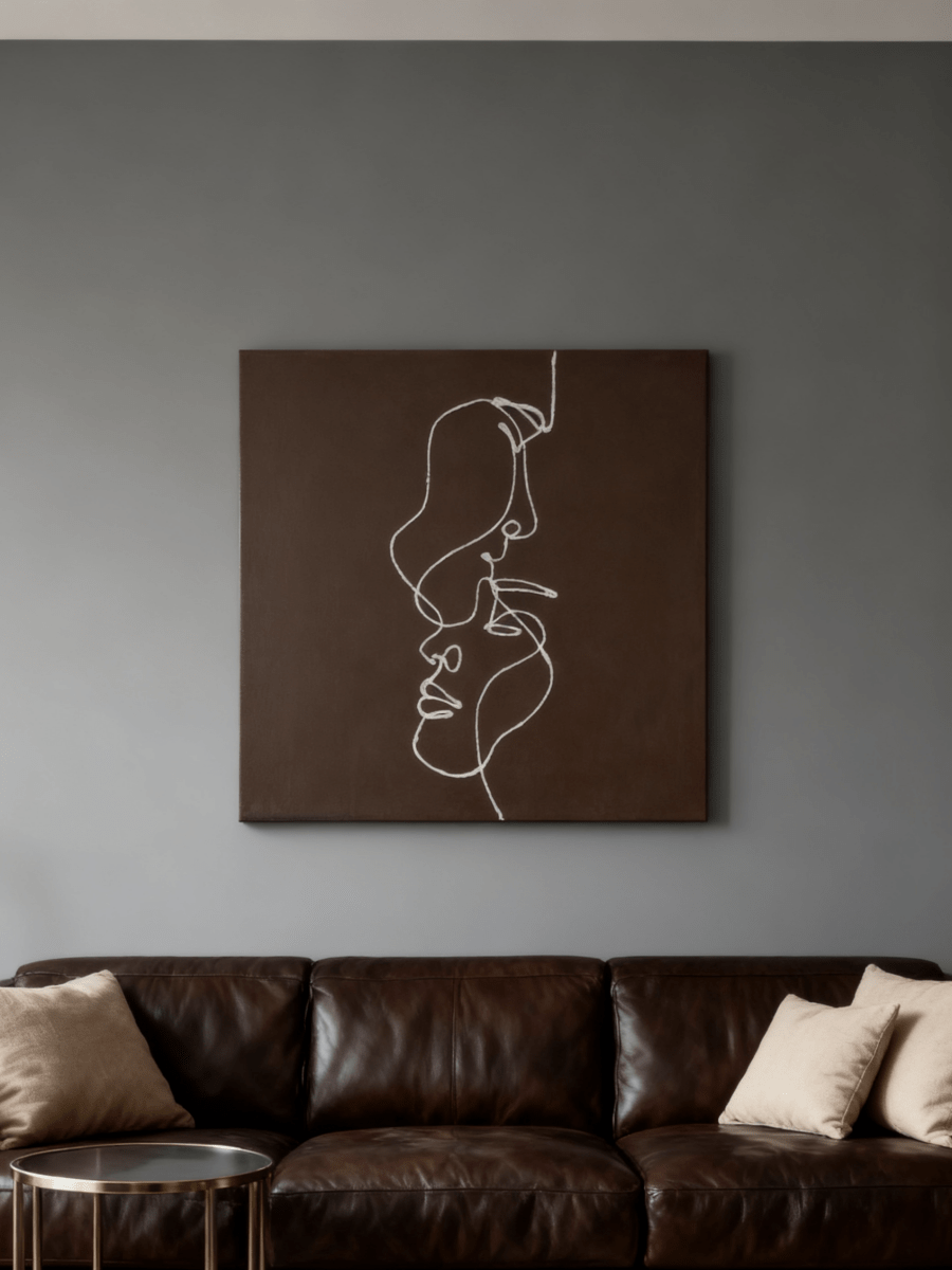 hand-painted 3D textured line art of two faces on coffee brown canvas, minimalist abstract couple painting for bedroom wall decor.