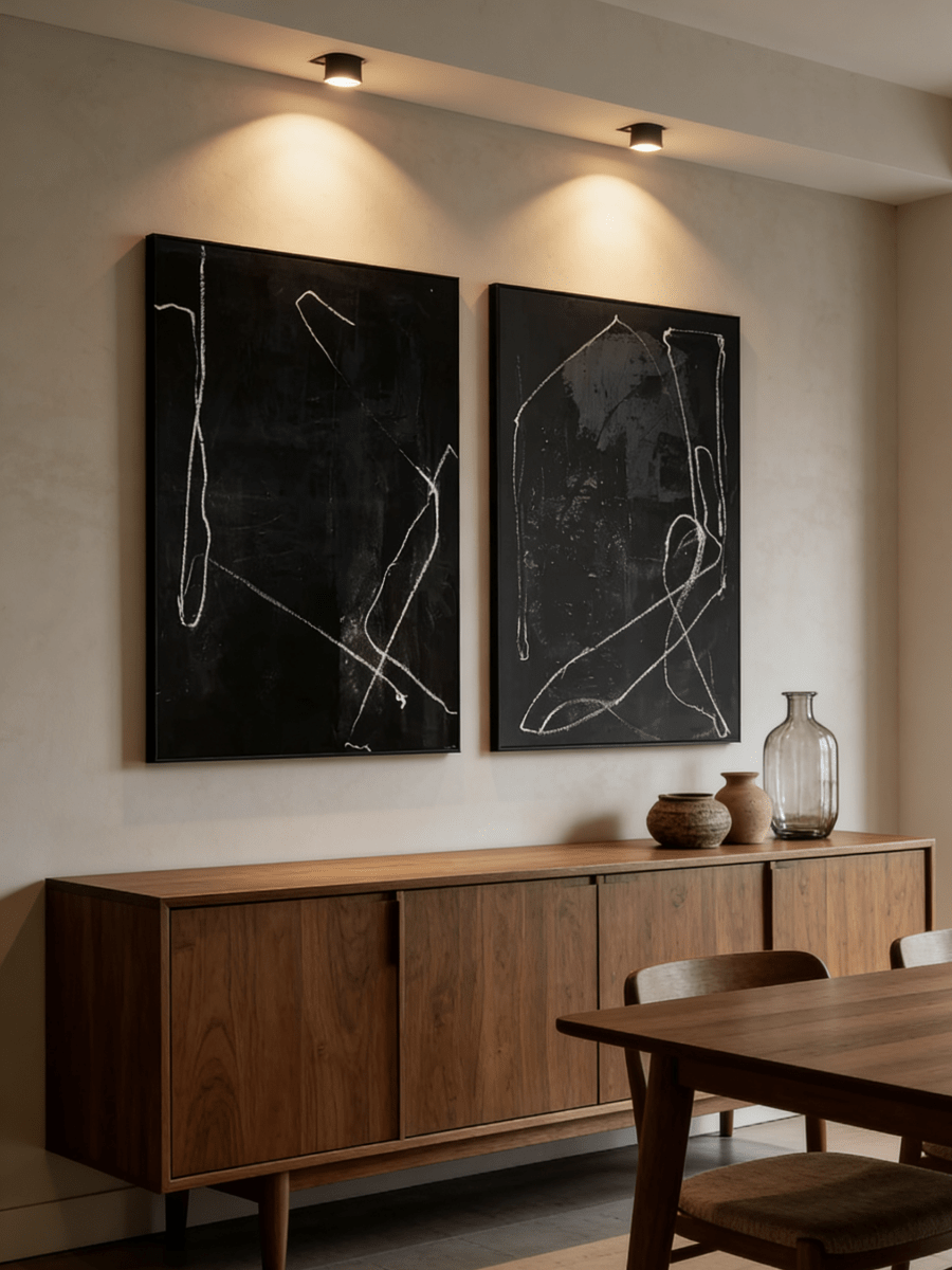 Two-piece hand-painted abstract diptych, white minimalist lines on black textured canvas, luxury wall art for modern living room