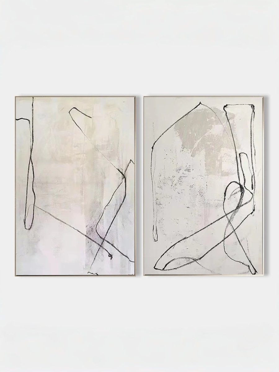 Large hand-painted abstract line art diptych in black and white, modern wall decor set for luxury living room.