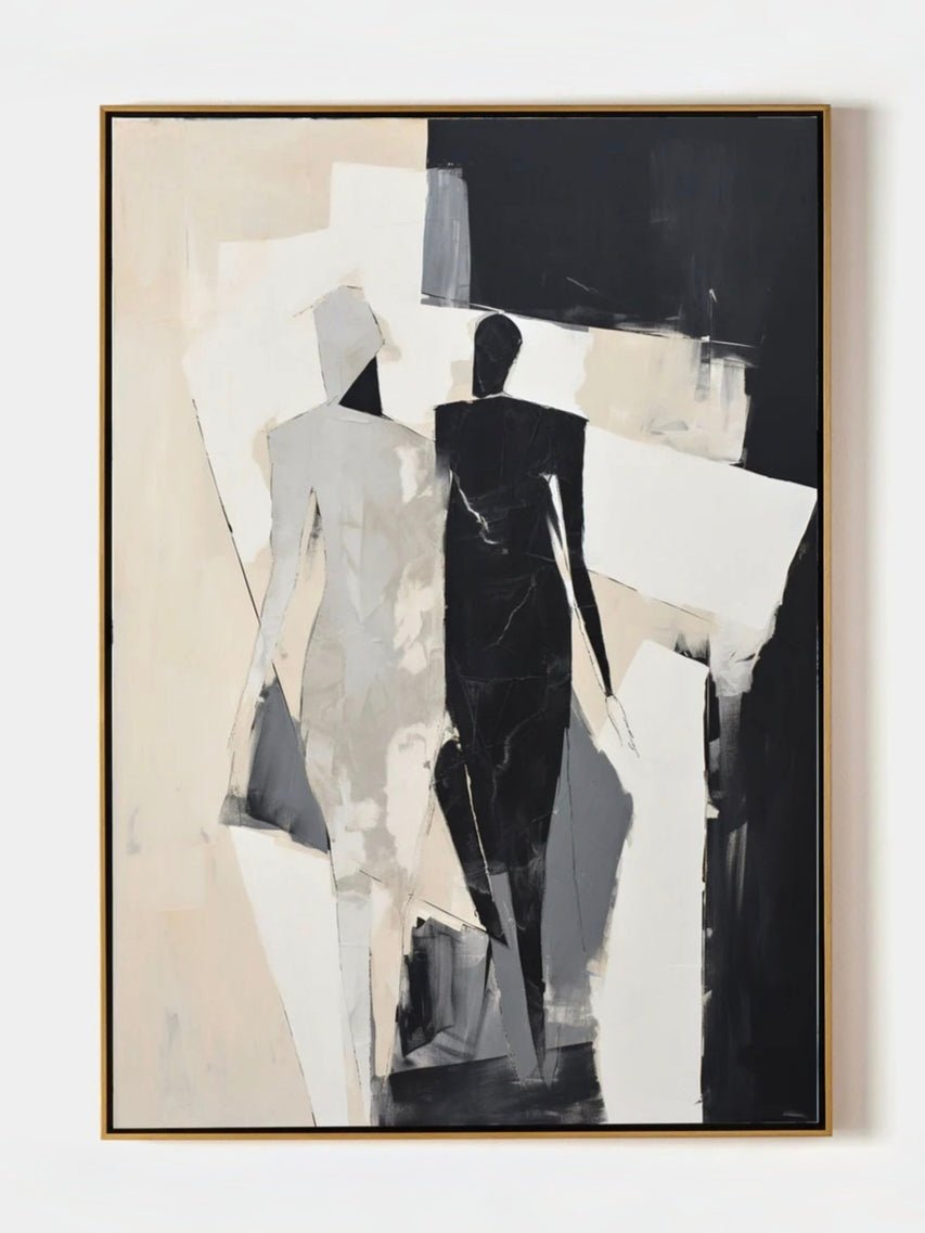 Large hand-painted minimalist abstract canvas art featuring black and white silhouettes and rhythmic lines in a modern home setting.