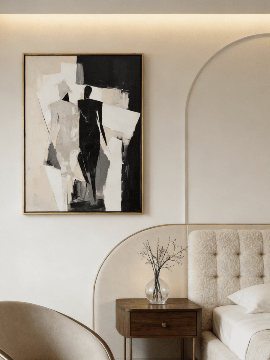 Large hand-painted minimalist abstract canvas art featuring black and white silhouettes and rhythmic lines in a modern home setting.