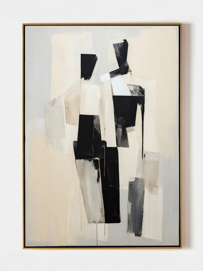 Large hand-painted minimalist linear abstract painting with white lines on a black canvas in a modern gold frame.