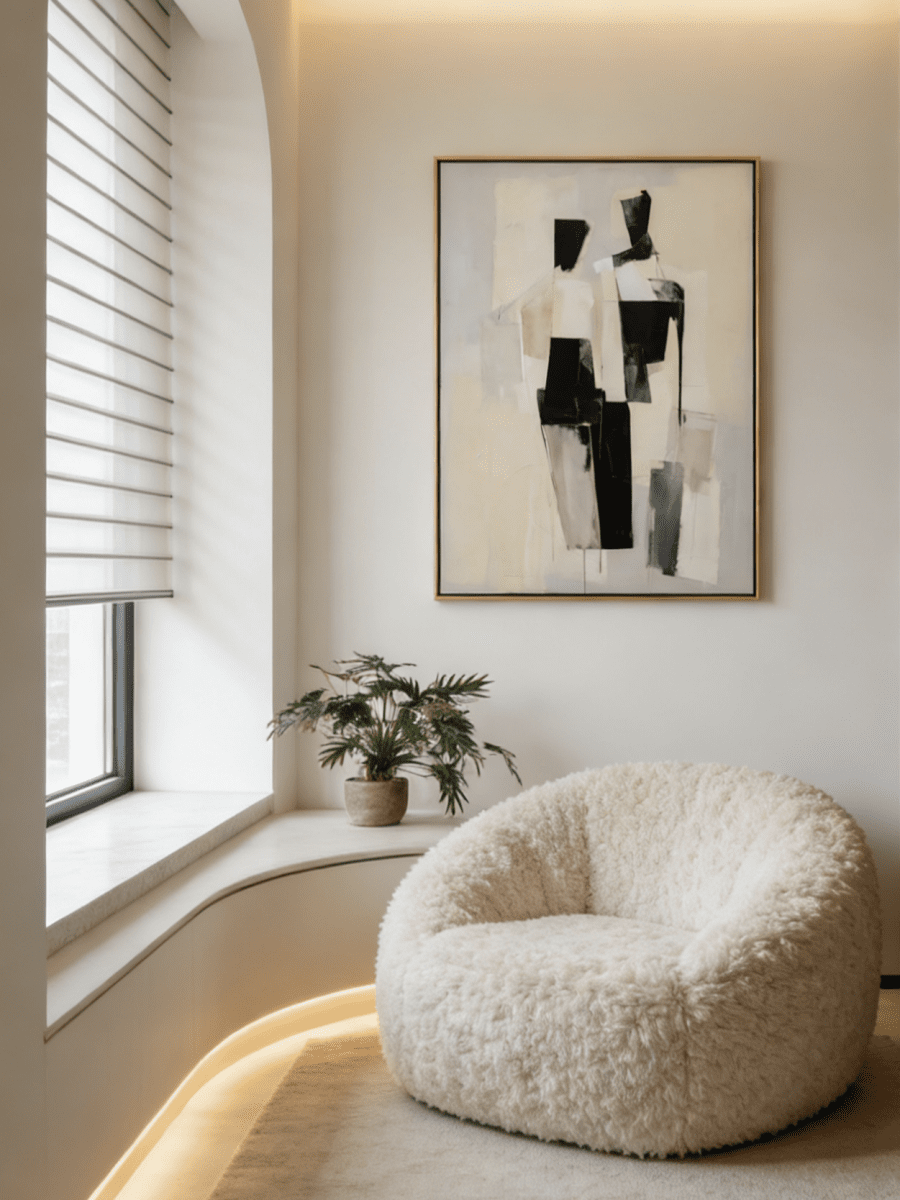 Large hand-painted minimalist linear abstract painting with white lines on a black canvas in a modern gold frame.