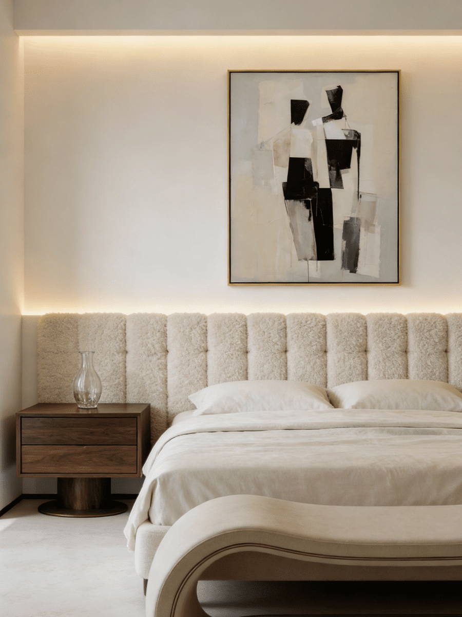 Large hand-painted minimalist linear abstract painting with white lines on a black canvas in a modern gold frame.