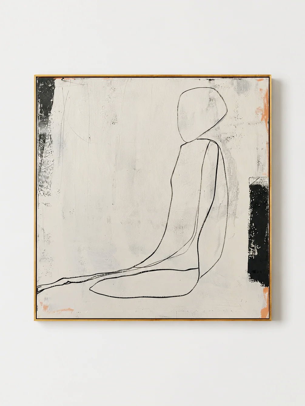 Hand painted minimalist line art wall art of a seated female figure on a neutral textured background by Lena Petrova
