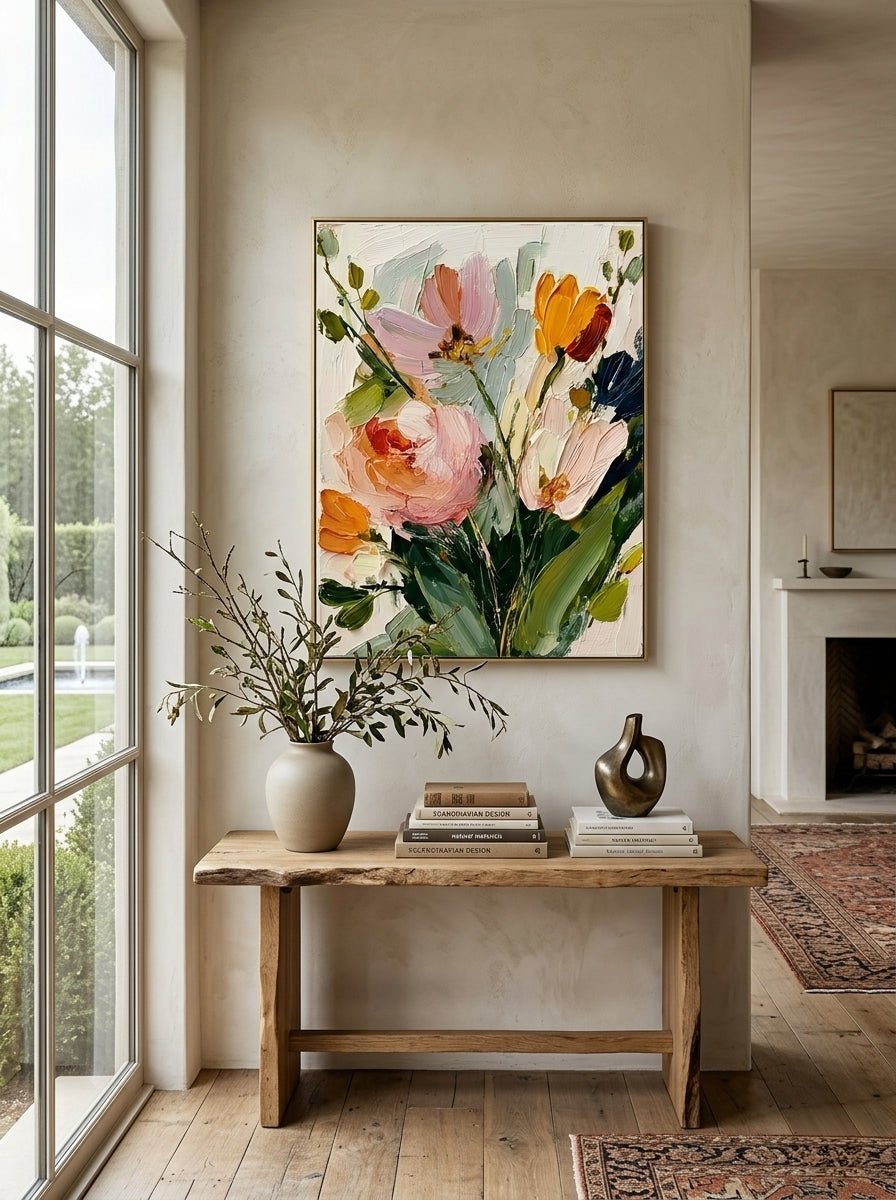 Large vertical 3D textured floral painting featuring orange tulips and pink roses with heavy impasto brushstrokes in a bright dining room.