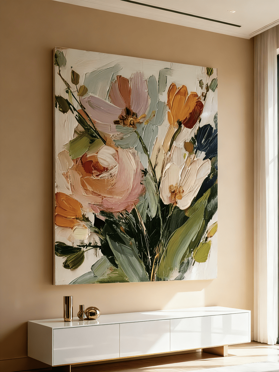 Large vertical 3D textured floral painting featuring orange tulips and pink roses with heavy impasto brushstrokes in a bright dining room.