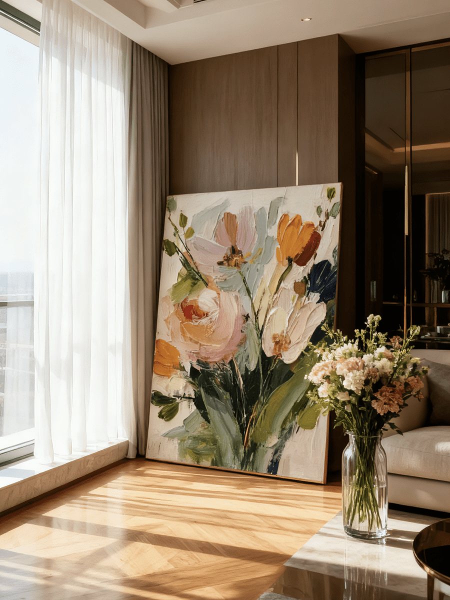 Large vertical 3D textured floral painting featuring orange tulips and pink roses with heavy impasto brushstrokes in a bright dining room.