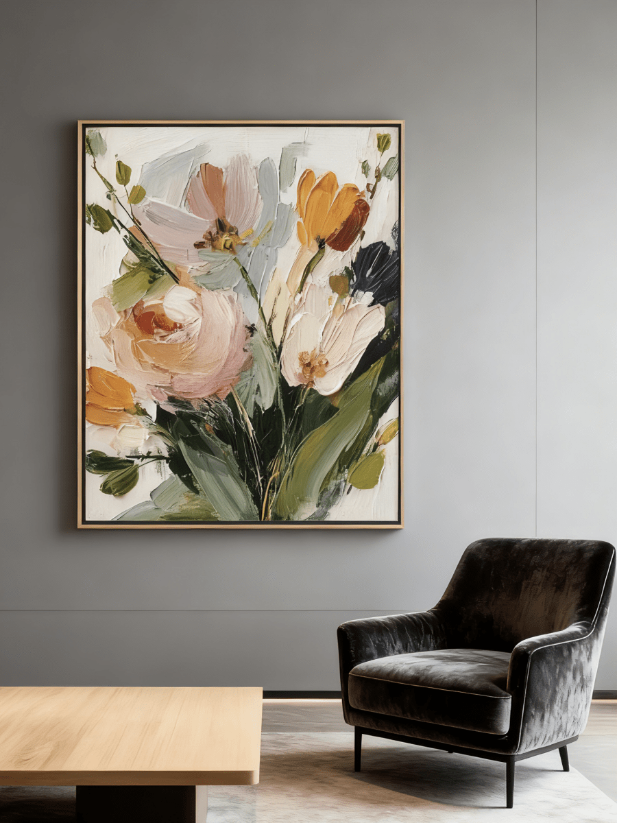 Large vertical 3D textured floral painting featuring orange tulips and pink roses with heavy impasto brushstrokes in a bright dining room.