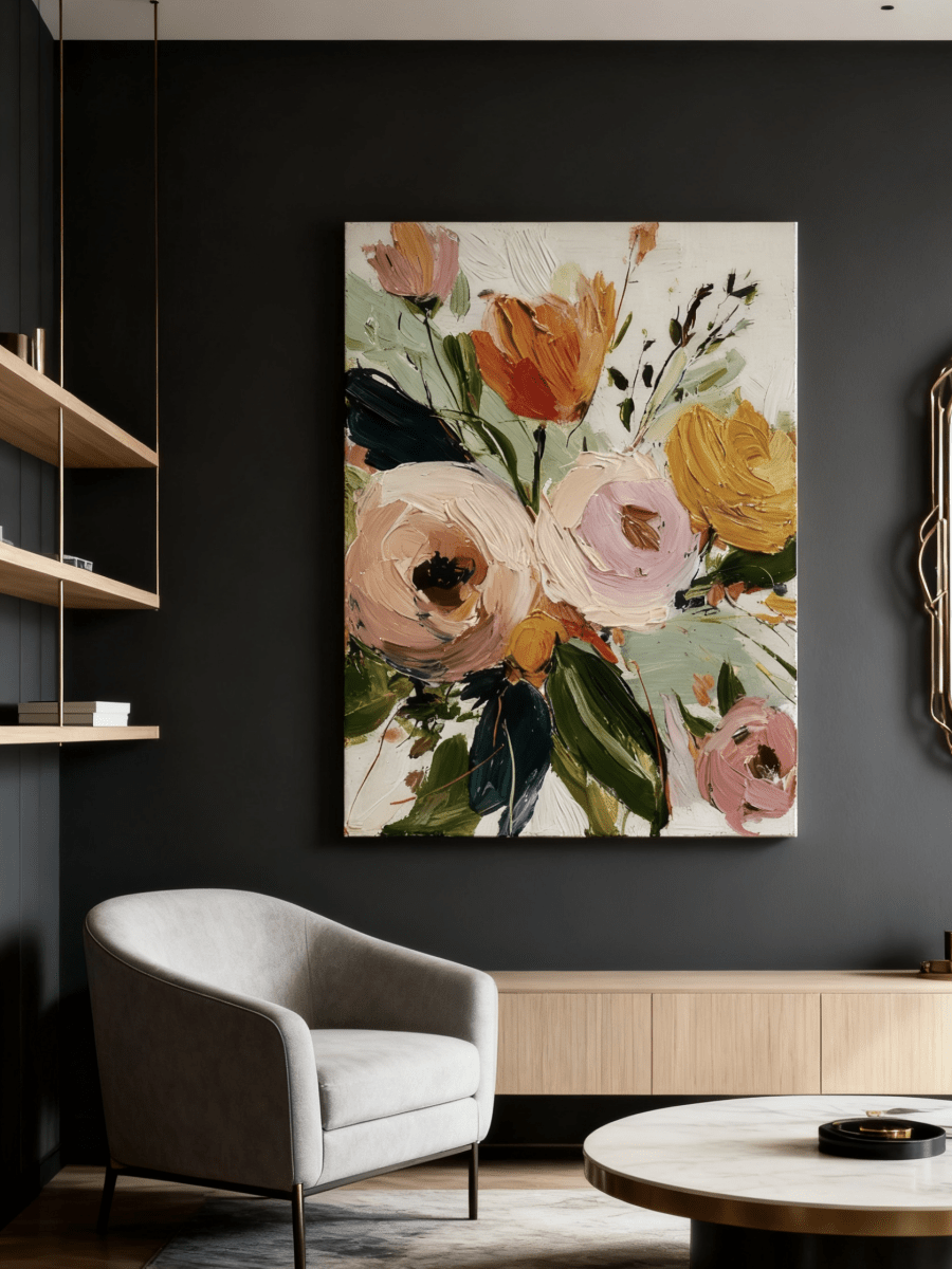 Large vertical 3D textured floral painting with thick impasto pink roses and yellow tulips in a sunlit modern living room.