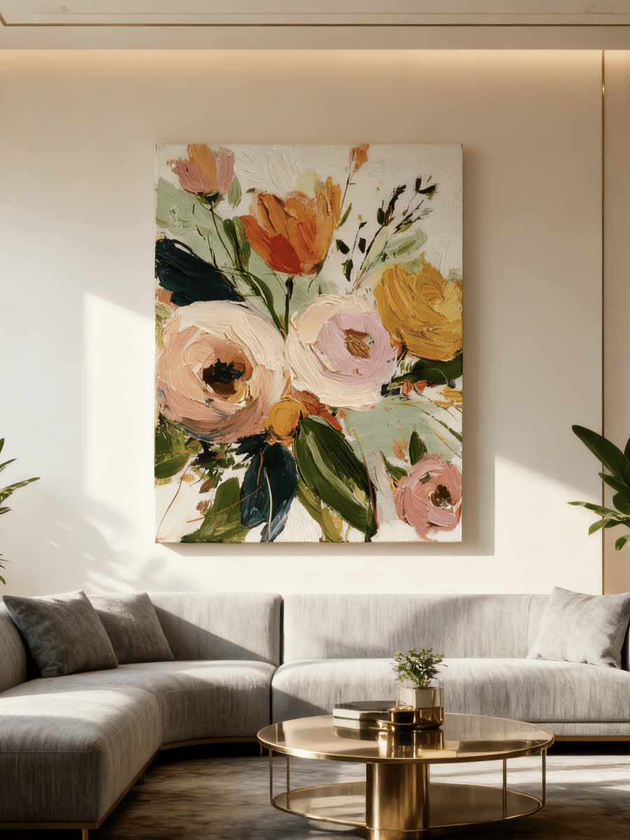 Large vertical 3D textured floral painting with thick impasto pink roses and yellow tulips in a sunlit modern living room.