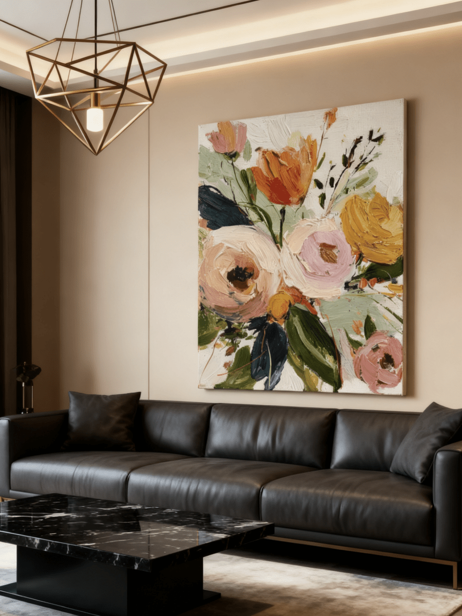 Large vertical 3D textured floral painting with thick impasto pink roses and yellow tulips in a sunlit modern living room.