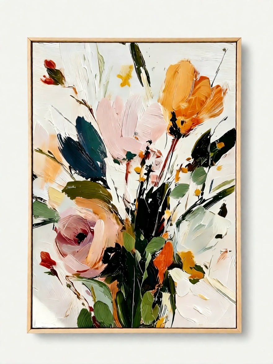 Vertical 3D textured floral painting showing heavy impasto orange and pink flowers on a white background in a modern bedroom.