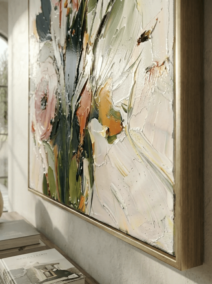 Vertical 3D textured floral painting showing heavy impasto orange and pink flowers on a white background in a modern bedroom.