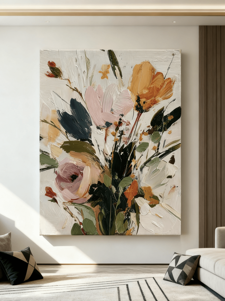 Vertical 3D textured floral painting showing heavy impasto orange and pink flowers on a white background in a modern bedroom.