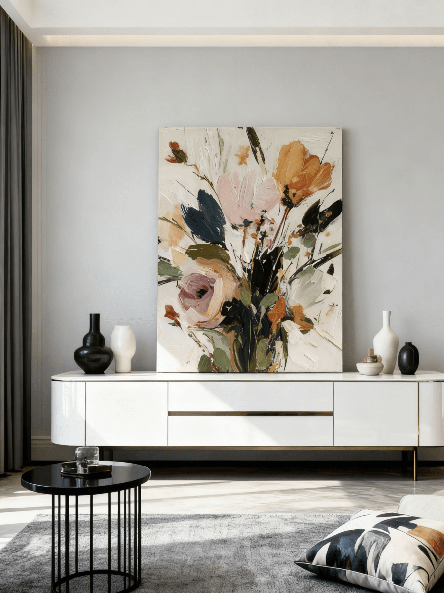 Vertical 3D textured floral painting showing heavy impasto orange and pink flowers on a white background in a modern bedroom.