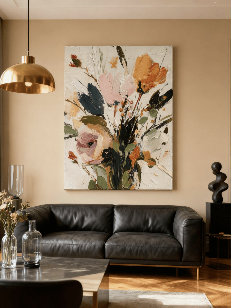 Vertical 3D textured floral painting showing heavy impasto orange and pink flowers on a white background in a modern bedroom.