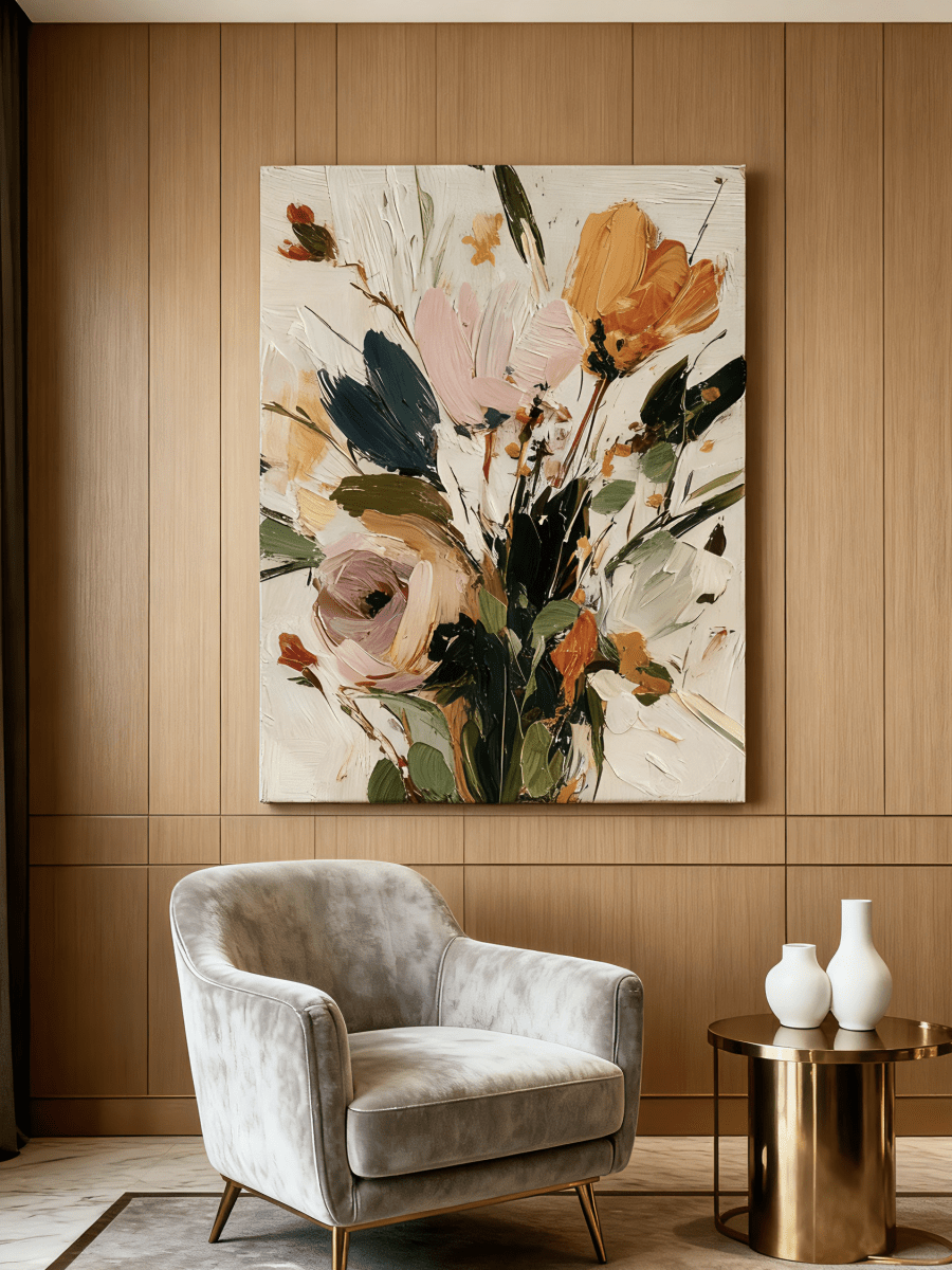 Vertical 3D textured floral painting showing heavy impasto orange and pink flowers on a white background in a modern bedroom.