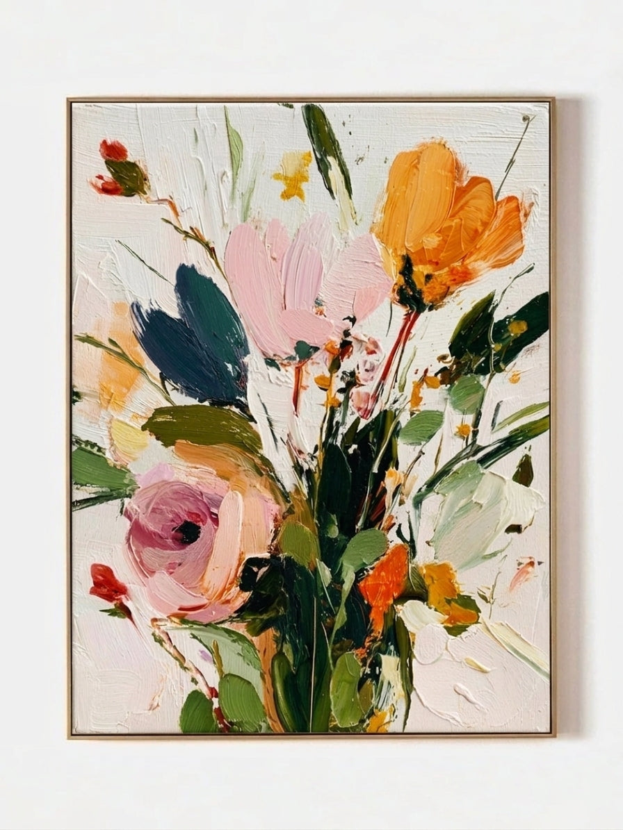 Vertical 3D textured floral painting showing heavy impasto orange and pink flowers on a white background in a modern bedroom.