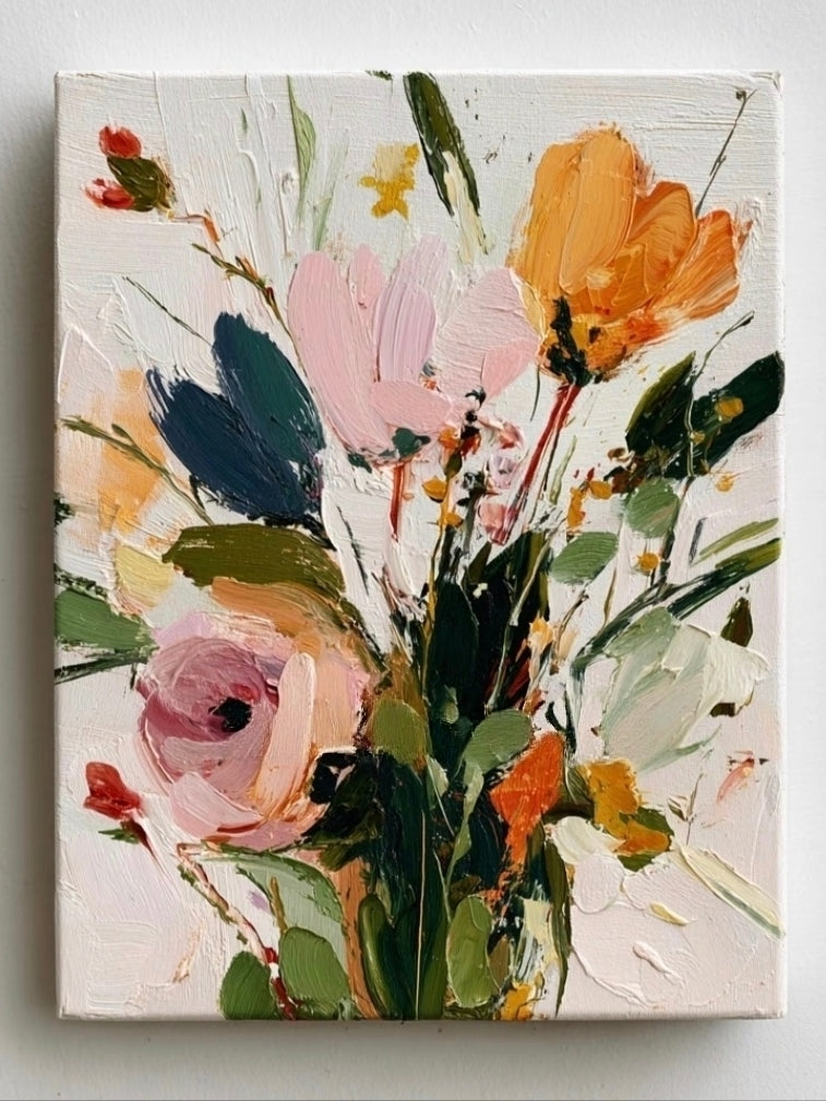 Vertical 3D textured floral painting showing heavy impasto orange and pink flowers on a white background in a modern bedroom.