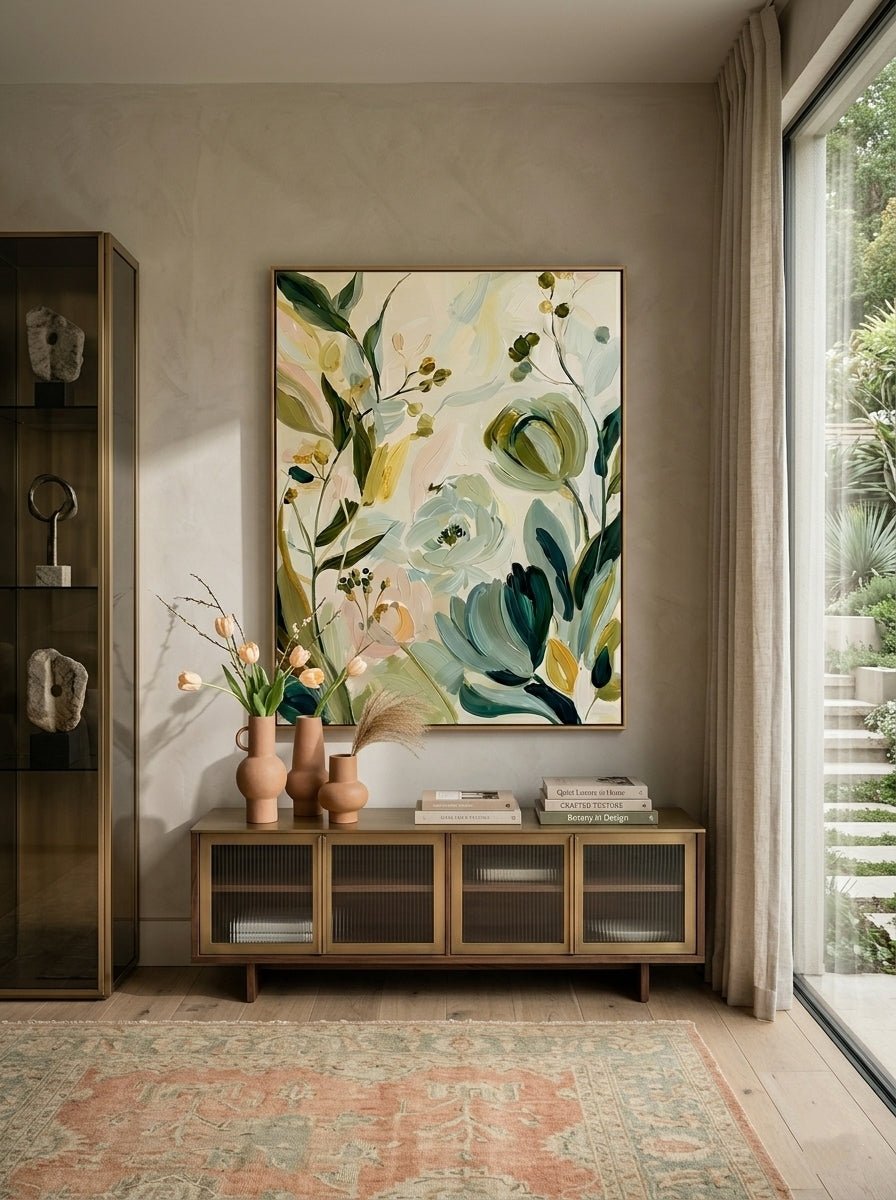 Large vertical hand-painted organic floral abstract in sage green and cream tones hanging in a minimalist Scandinavian bedroom.