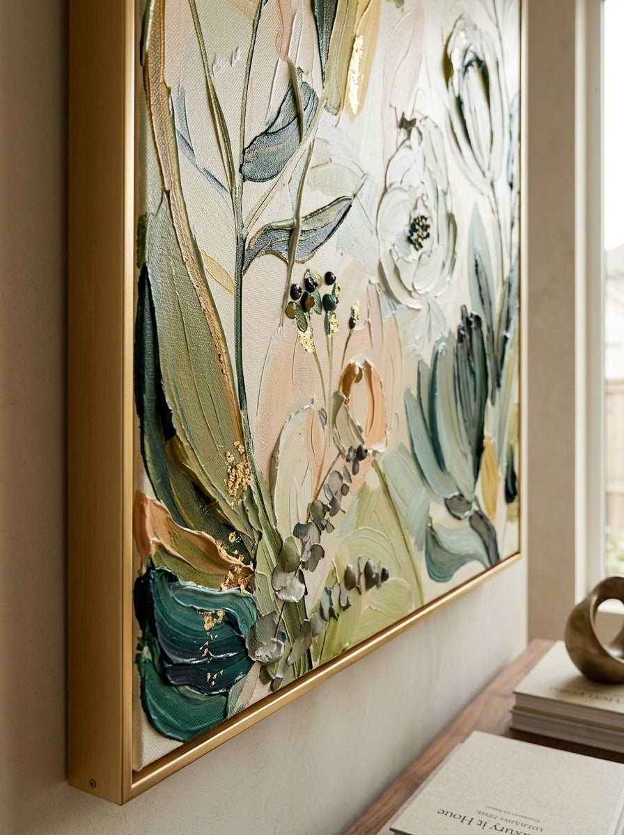 Large vertical hand-painted organic floral abstract in sage green and cream tones hanging in a minimalist Scandinavian bedroom.