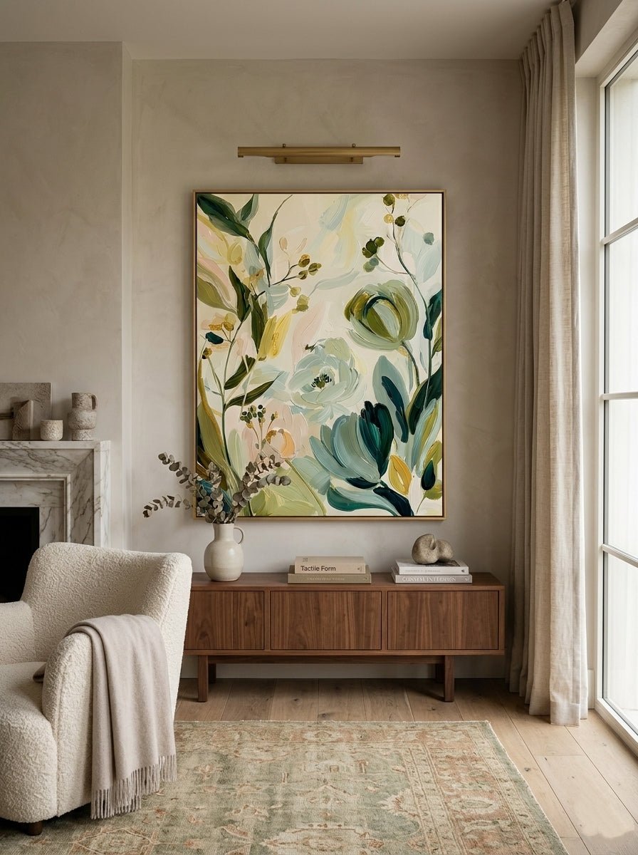 Large vertical hand-painted organic floral abstract in sage green and cream tones hanging in a minimalist Scandinavian bedroom.