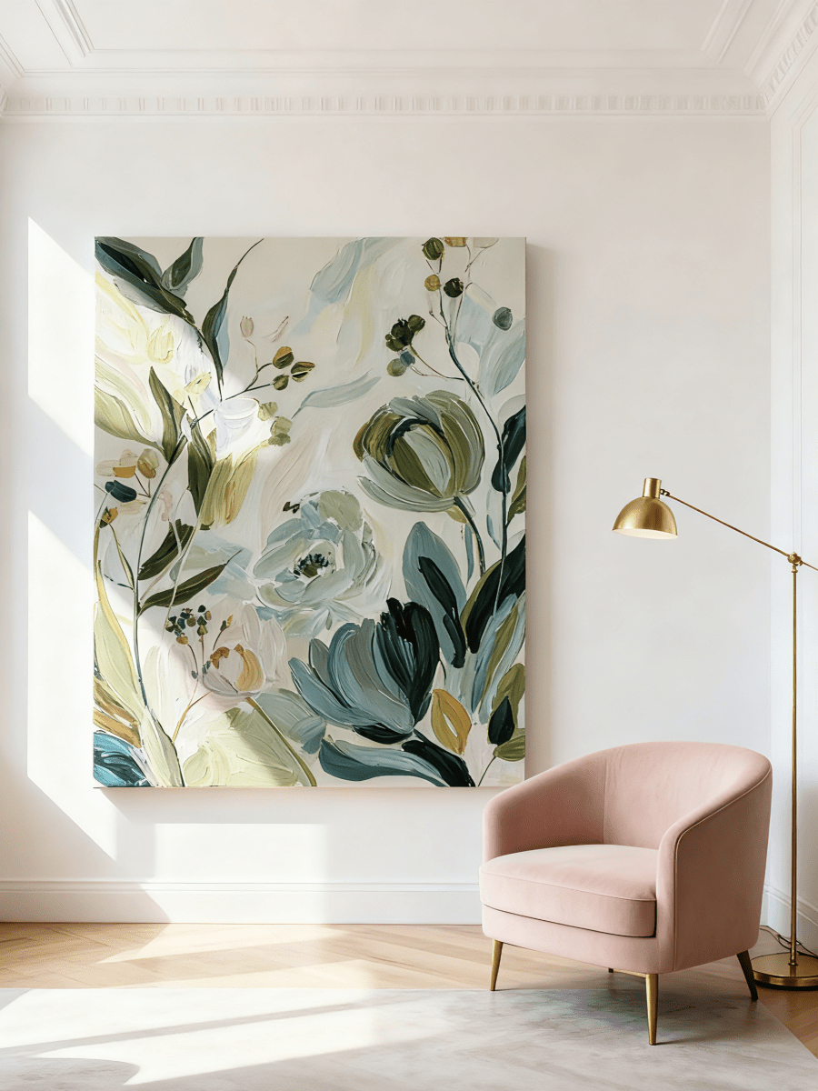 Large vertical hand-painted organic floral abstract in sage green and cream tones hanging in a minimalist Scandinavian bedroom.