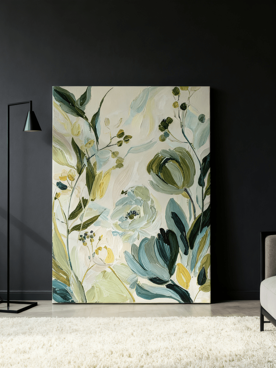 Large vertical hand-painted organic floral abstract in sage green and cream tones hanging in a minimalist Scandinavian bedroom.