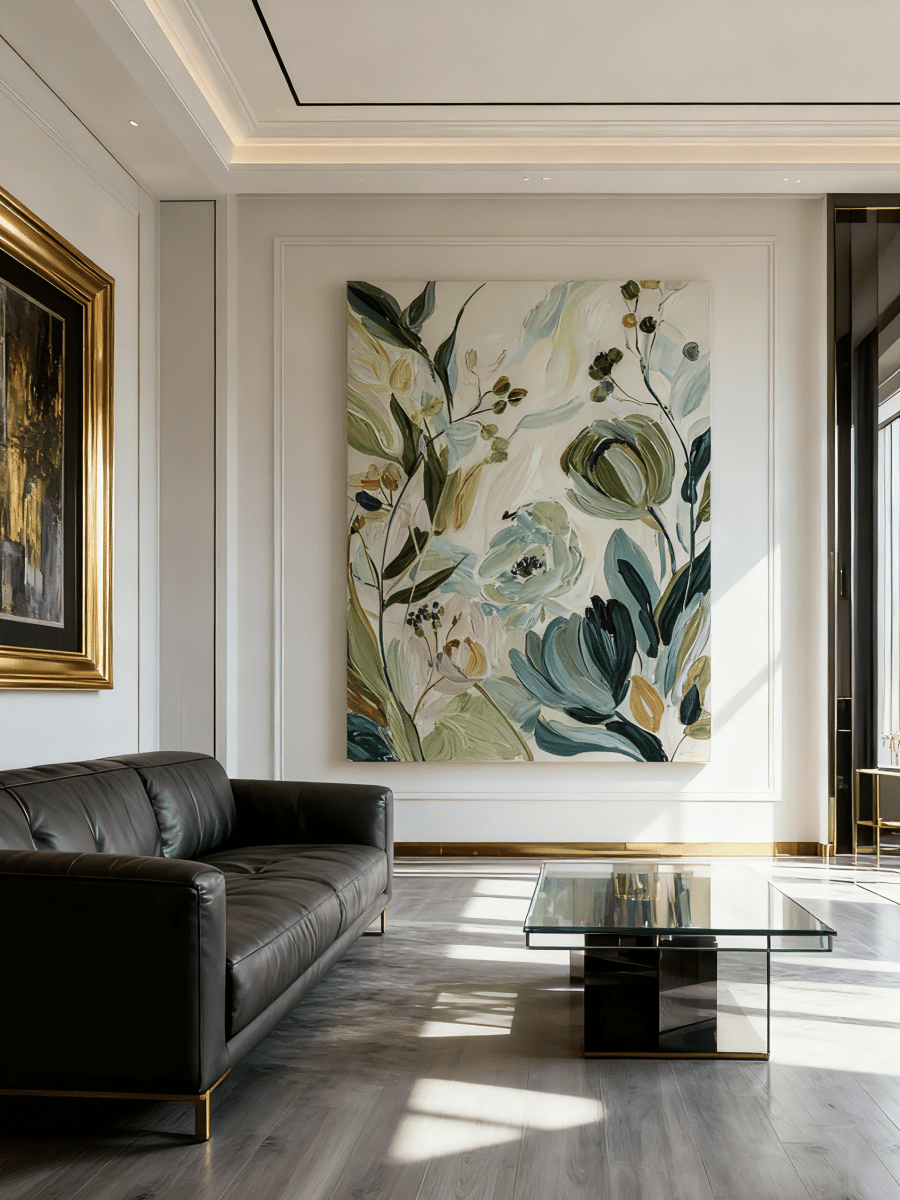 Large vertical hand-painted organic floral abstract in sage green and cream tones hanging in a minimalist Scandinavian bedroom.