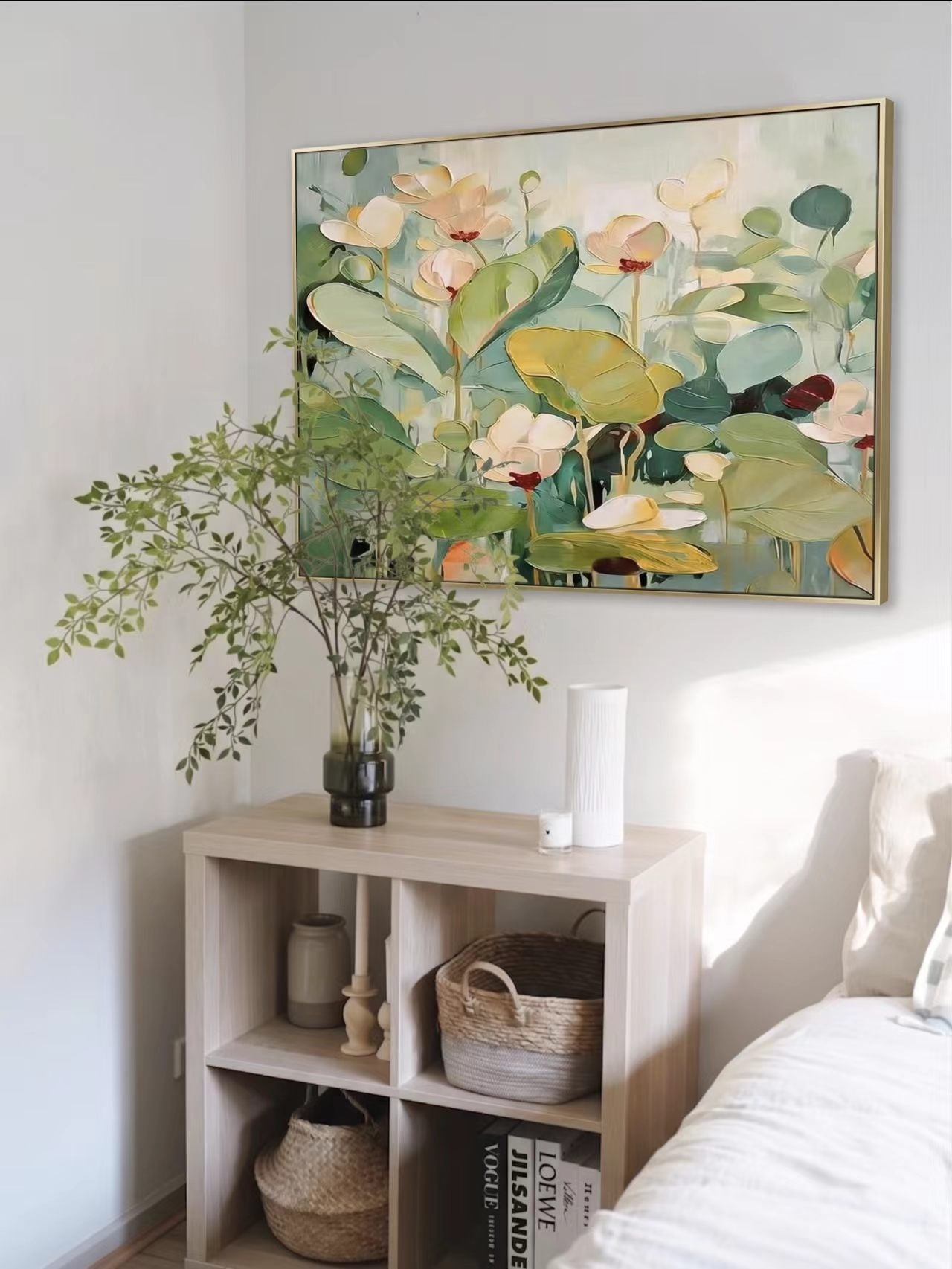 Hand painted abstract lotus botanical wall art with soft green floral canvas for modern living room decor