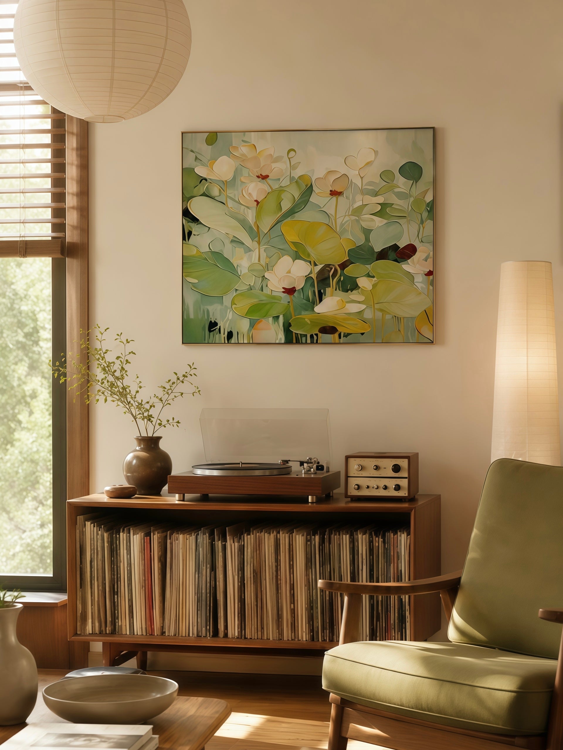 Hand painted abstract lotus botanical wall art with soft green floral canvas for modern living room decor
