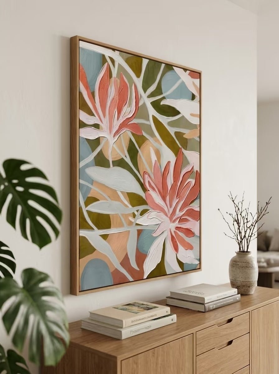 Large hand-painted modern organic abstract canvas painting with 3D heavy palette knife texture featuring terracotta flowers and sage green leaves by Luna Xiao for boho living room.