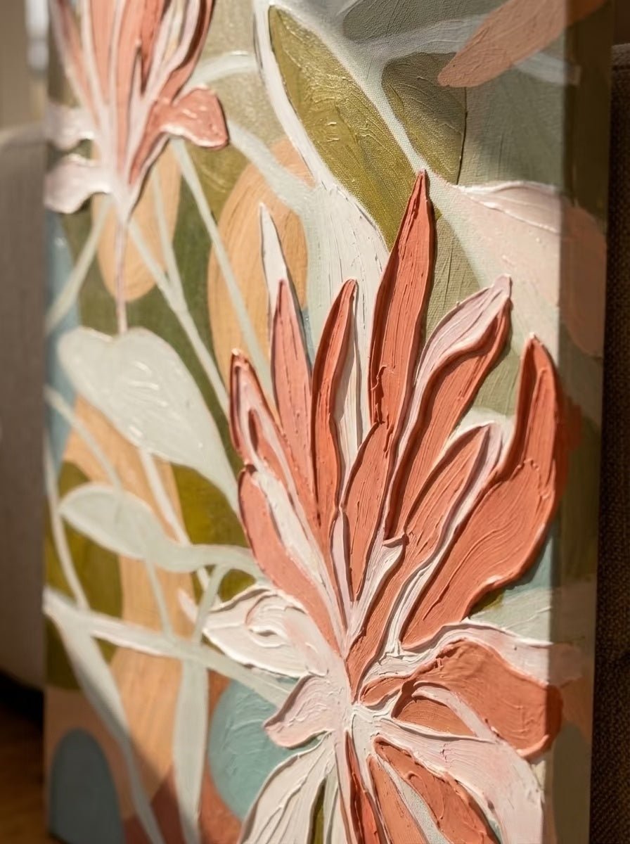 Large hand-painted modern organic abstract canvas painting with 3D heavy palette knife texture featuring terracotta flowers and sage green leaves by Luna Xiao for boho living room.