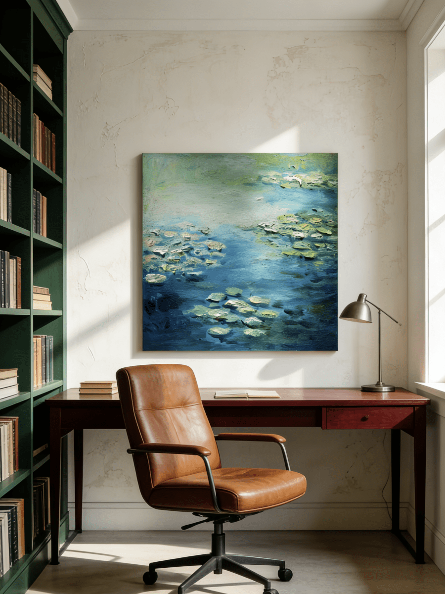 Original impressionist water lily painting– nature-inspired wall art for living room or bedroom decor