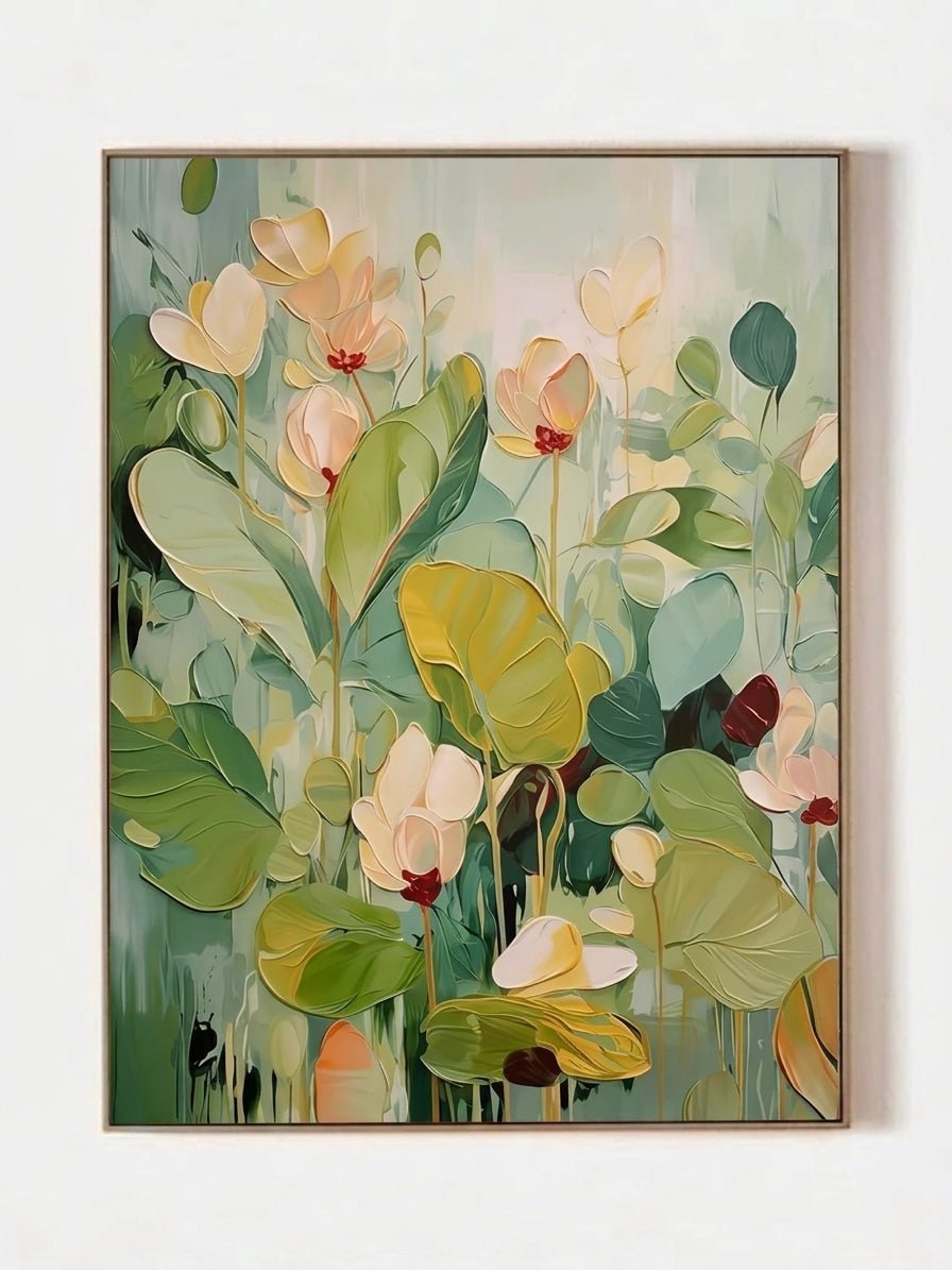Hand-painted 3D heavy textured abstract floral painting in sage green and mint tones by Luna Xiao, botanical wall art for modern living room and organic bedroom decor.