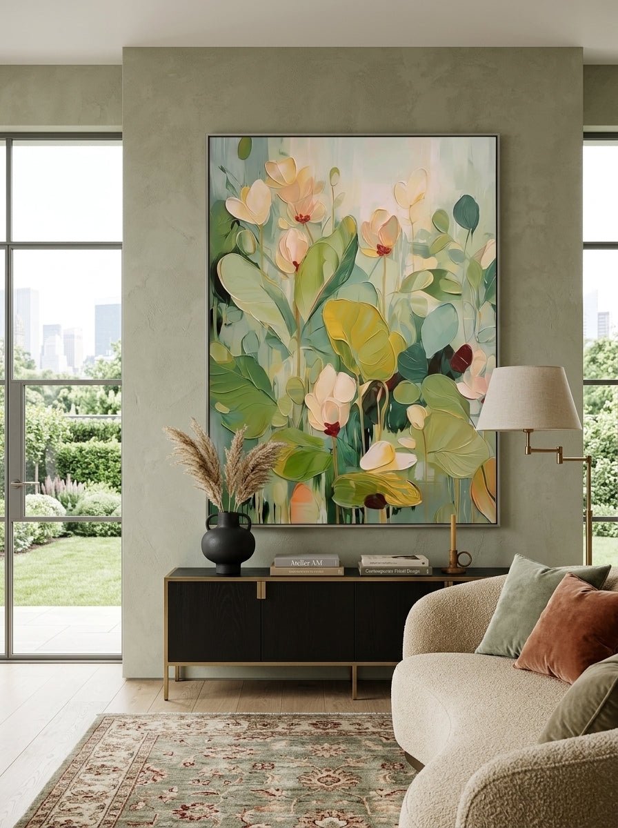 Hand-painted 3D heavy textured abstract floral painting in sage green and mint tones by Luna Xiao, botanical wall art for modern living room and organic bedroom decor.