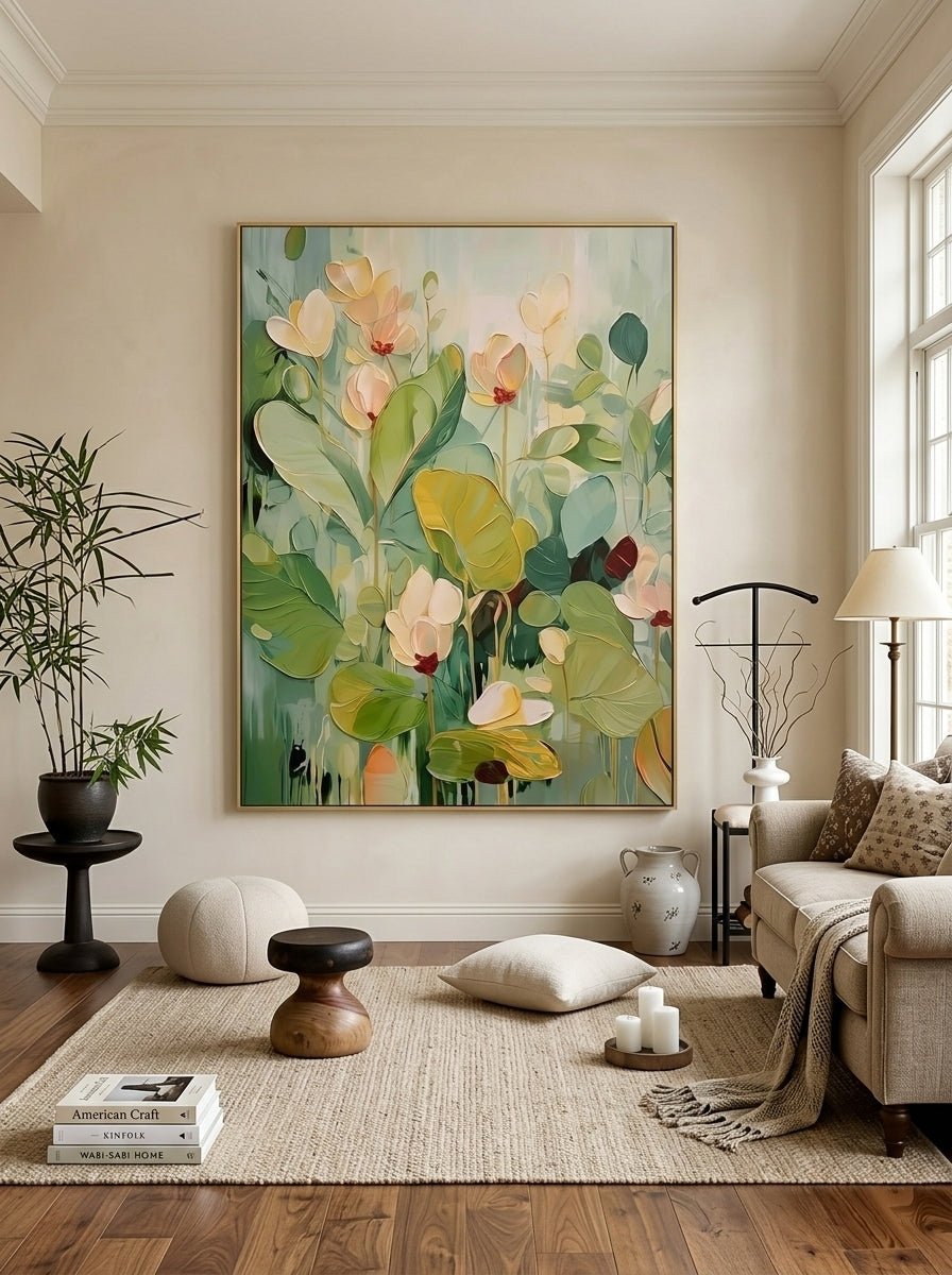 Hand-painted 3D heavy textured abstract floral painting in sage green and mint tones by Luna Xiao, botanical wall art for modern living room and organic bedroom decor.