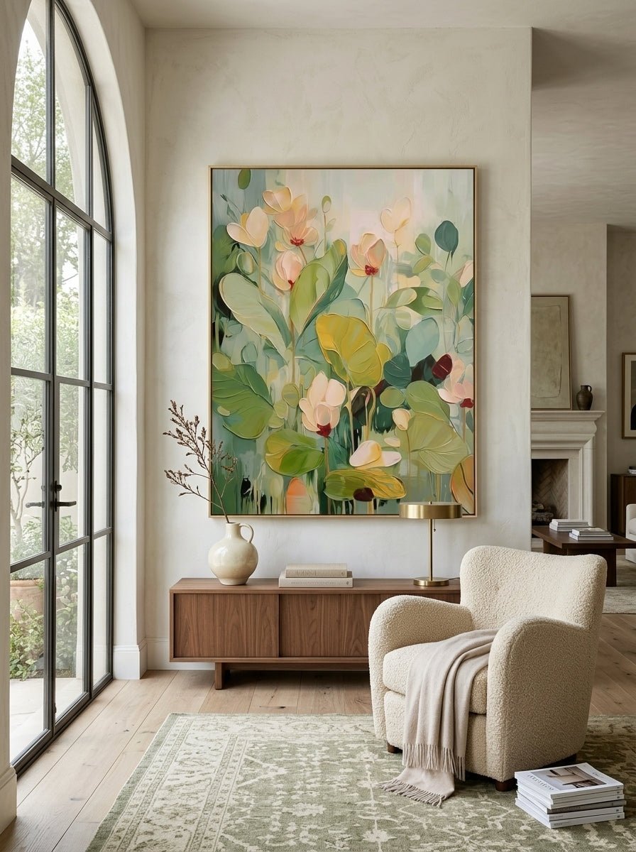 Hand-painted 3D heavy textured abstract floral painting in sage green and mint tones by Luna Xiao, botanical wall art for modern living room and organic bedroom decor.