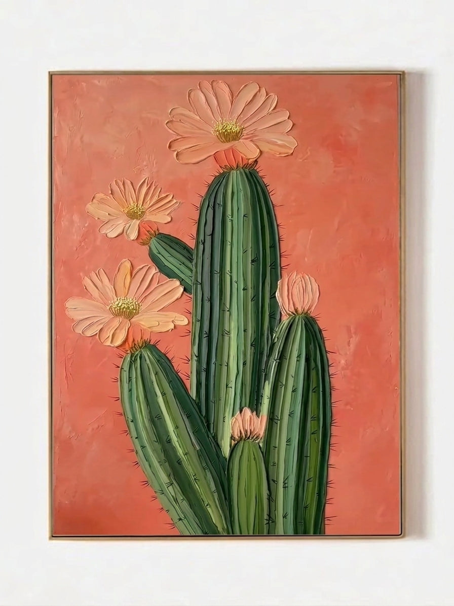 Large 100% hand-painted modern boho Southwestern cactus canvas painting with heavy 3D palette knife textured peach pink flower petals over a warm terracotta background by Luna Xiao for living room decor.