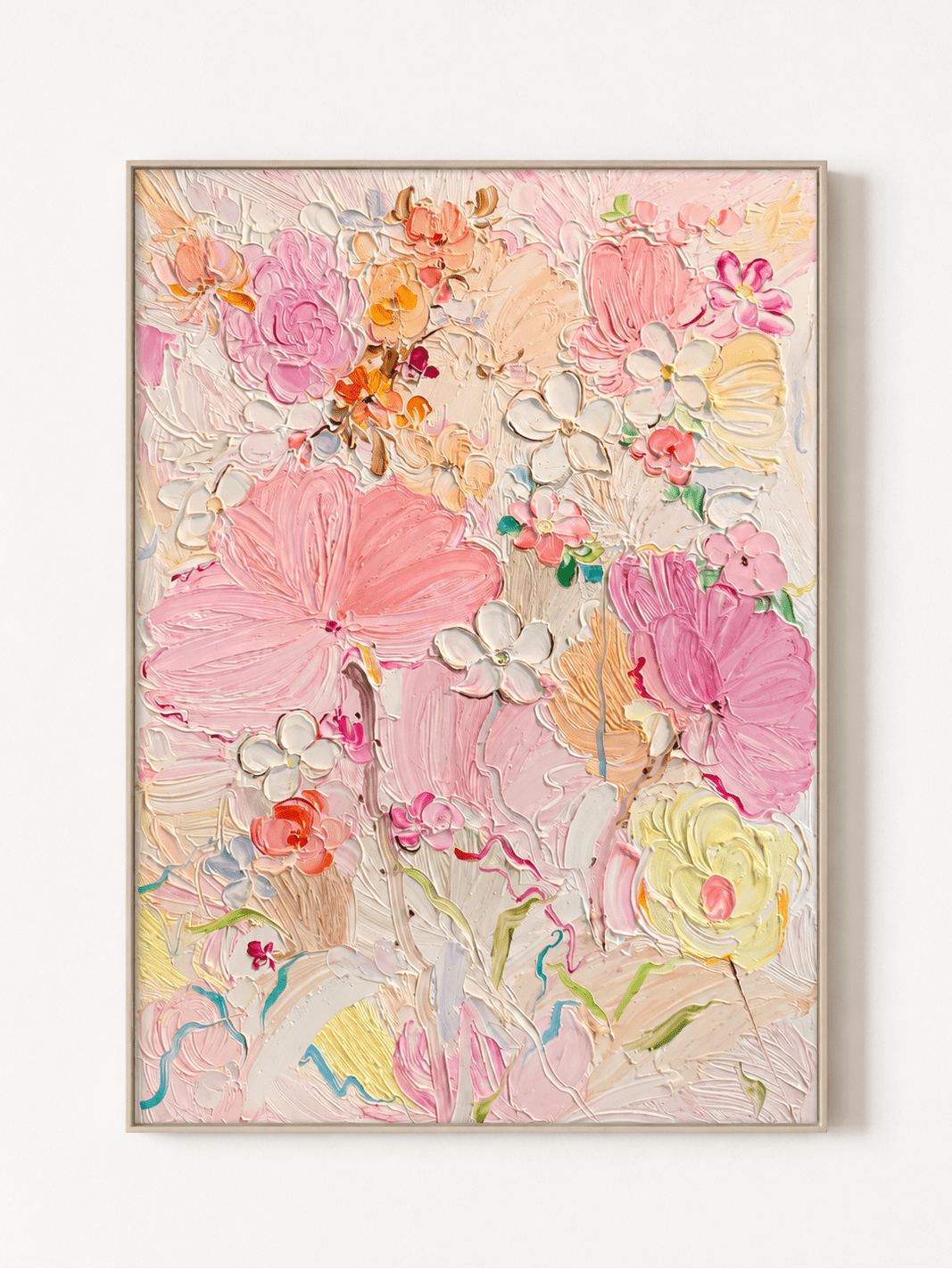 Handmade spring floral wall art with pink, peach, yellow and cream impasto blooms