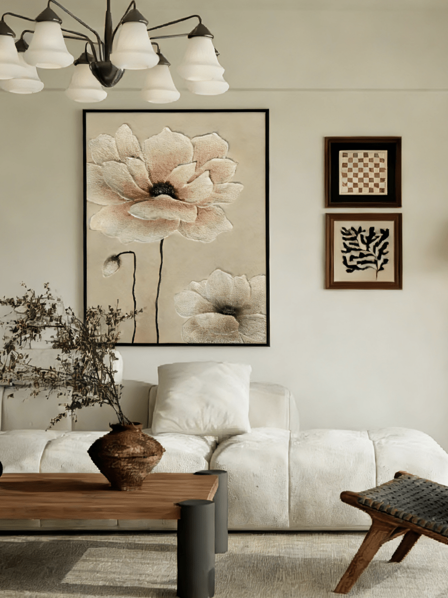 Large hand-painted 3D relief floral oil painting with heavy mineral texture in sand and blush pink tones on canvas.