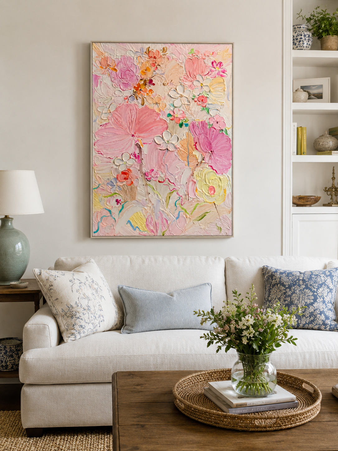 Hand painted 3D textured pink floral wall art with pastel spring flowers on canvas by Luna Xiao
