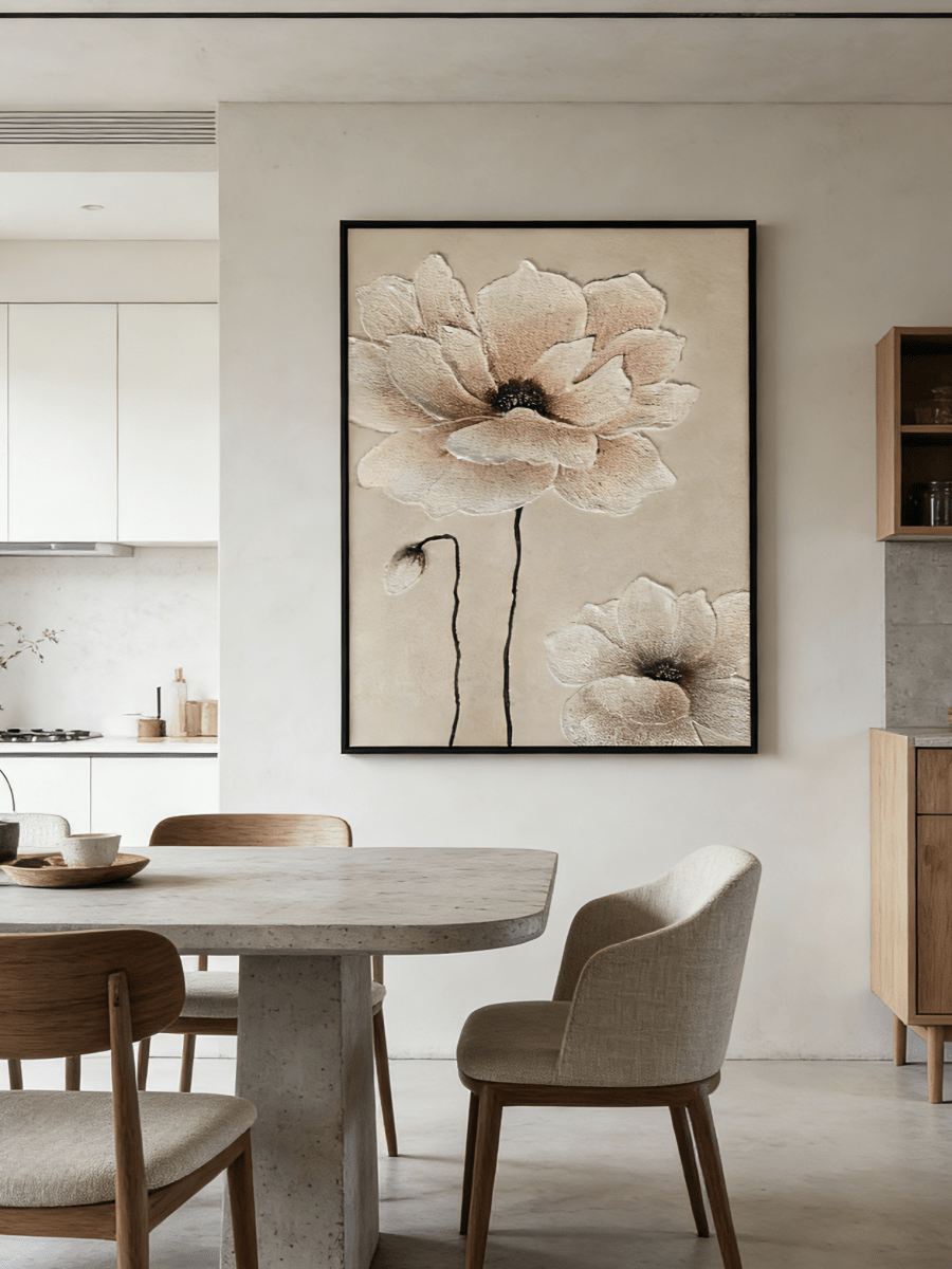 Large hand-painted 3D relief floral oil painting with heavy mineral texture in sand and blush pink tones on canvas.